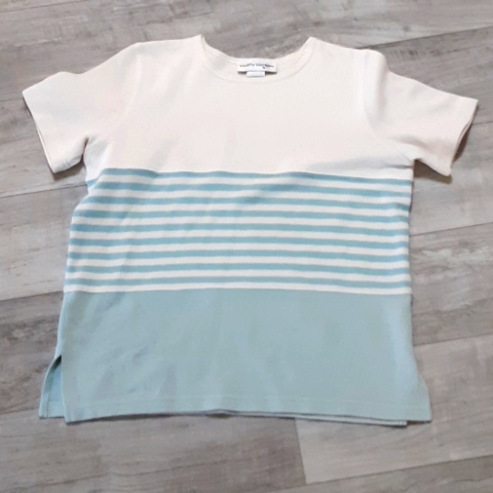 Womens Shirt Sz M Shortsleeve Pullover Sweater b33 Blue White Striped Crew Neck